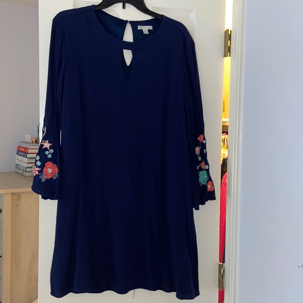 long sleeve navy blue embroidered dress